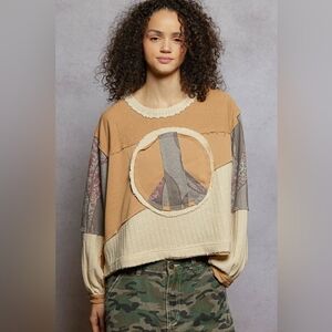 POL PEACE SIGN Patchwork Henley SWEATSHIRT
